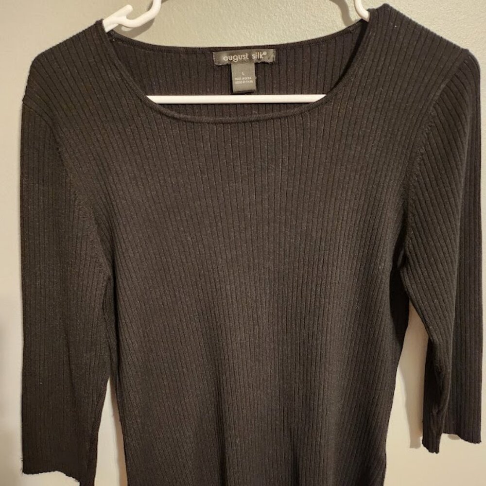 August Silk Rib Knit Crop Sweater 3/4 sleeve Black Silk Blend Size L